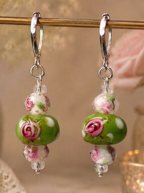 Wedding Cake Art Glass & Faceted Rose Crystal Beaded Dangle Pierced Earrings